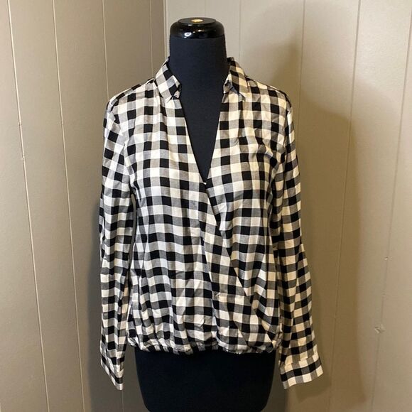 Madewell Women’s Small Checks Blouse Wrap Front Elastic Waist Long Sleeve - Picture 1 of 6